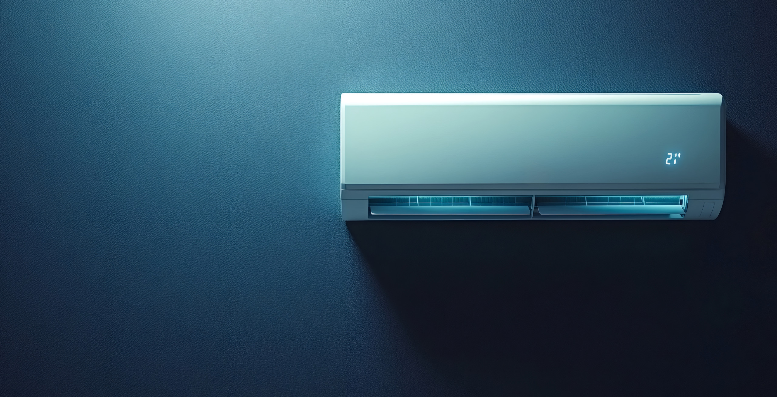 Eine moderne, elegante Klimaanlagen-Inneneinheit, die an der Wand hängt.