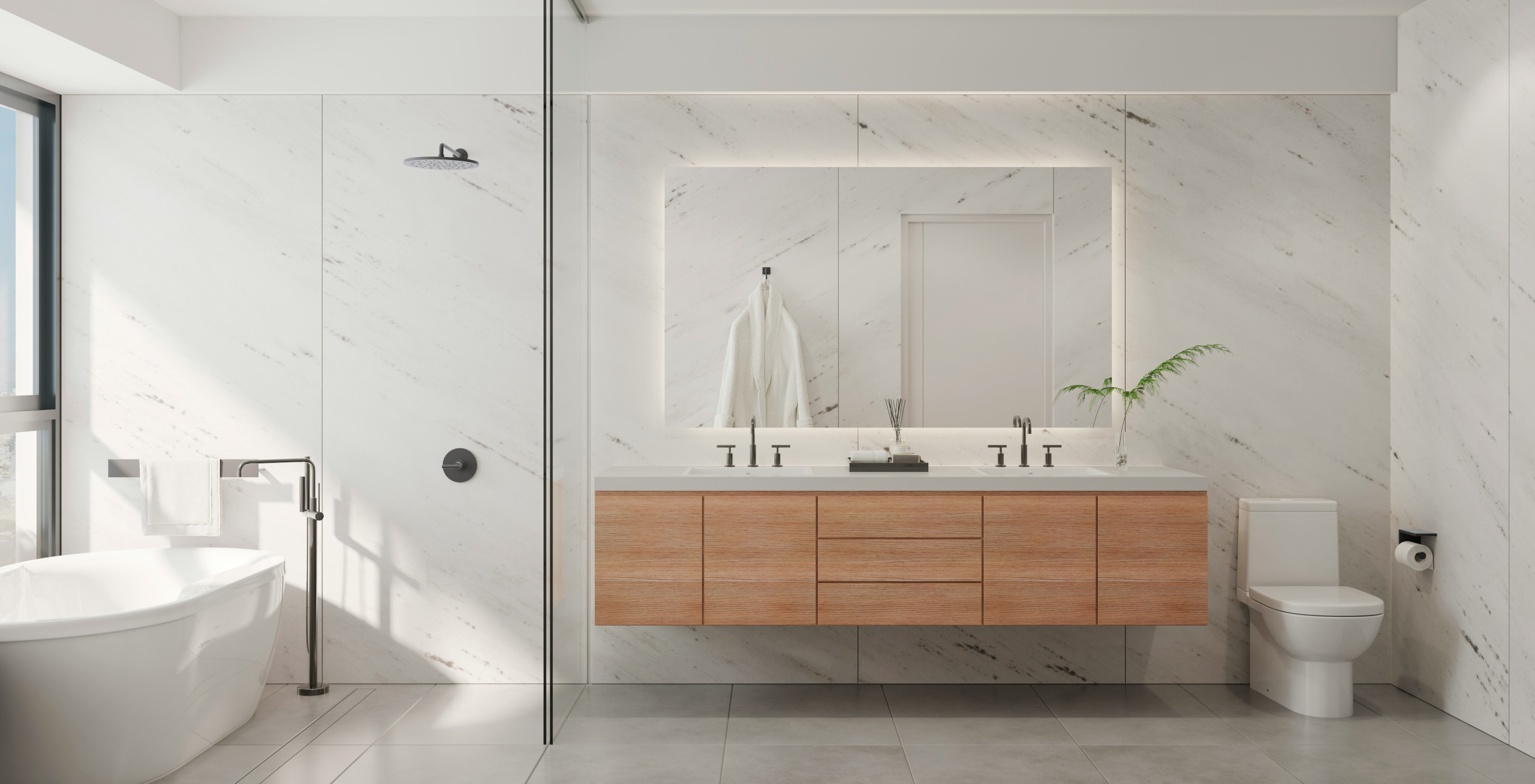 Modern renoviertes Badezimmer mit elegantem Design und klaren Linien.